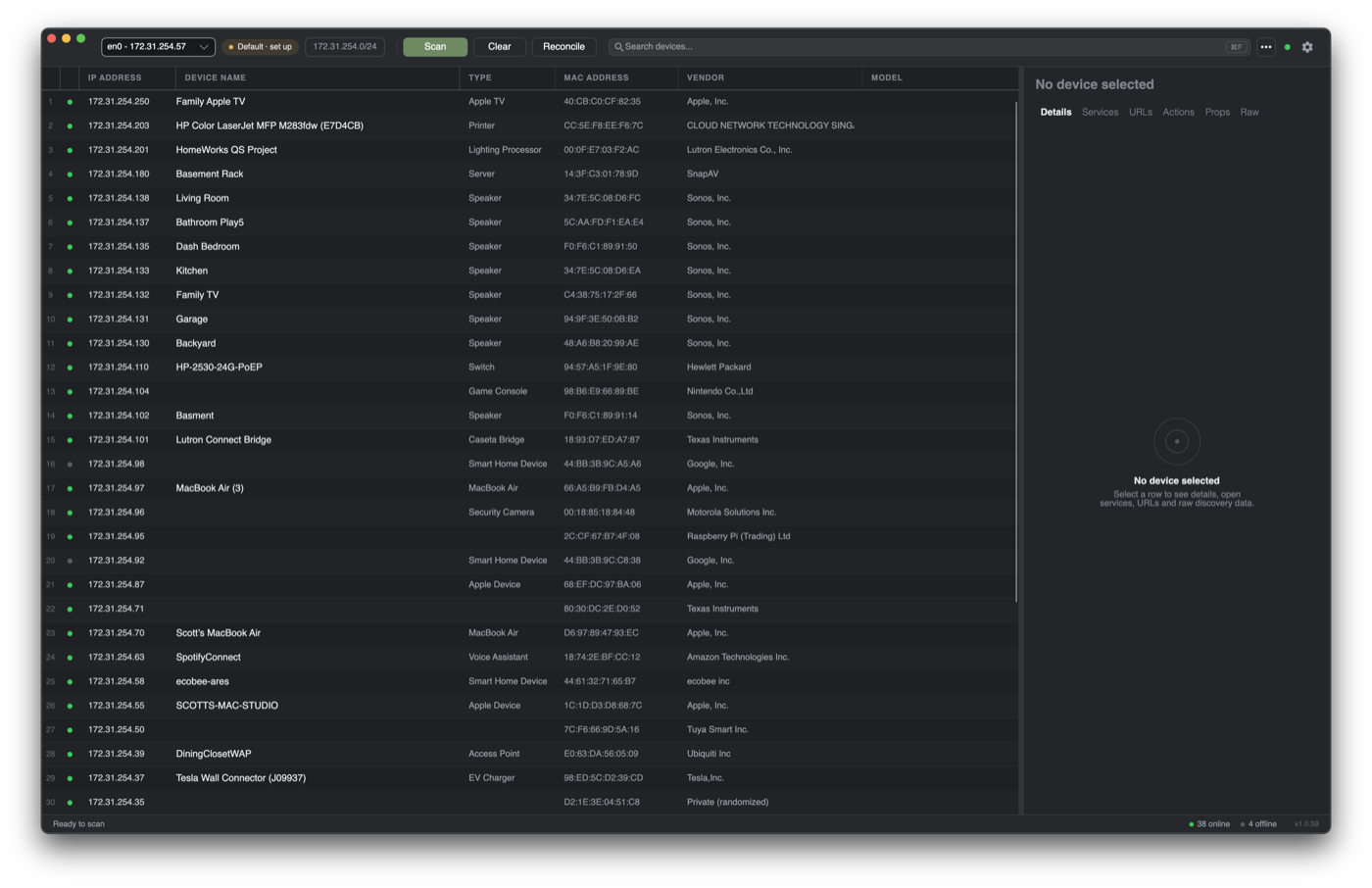 Perceptron live device table showing names, manufacturers, and device types