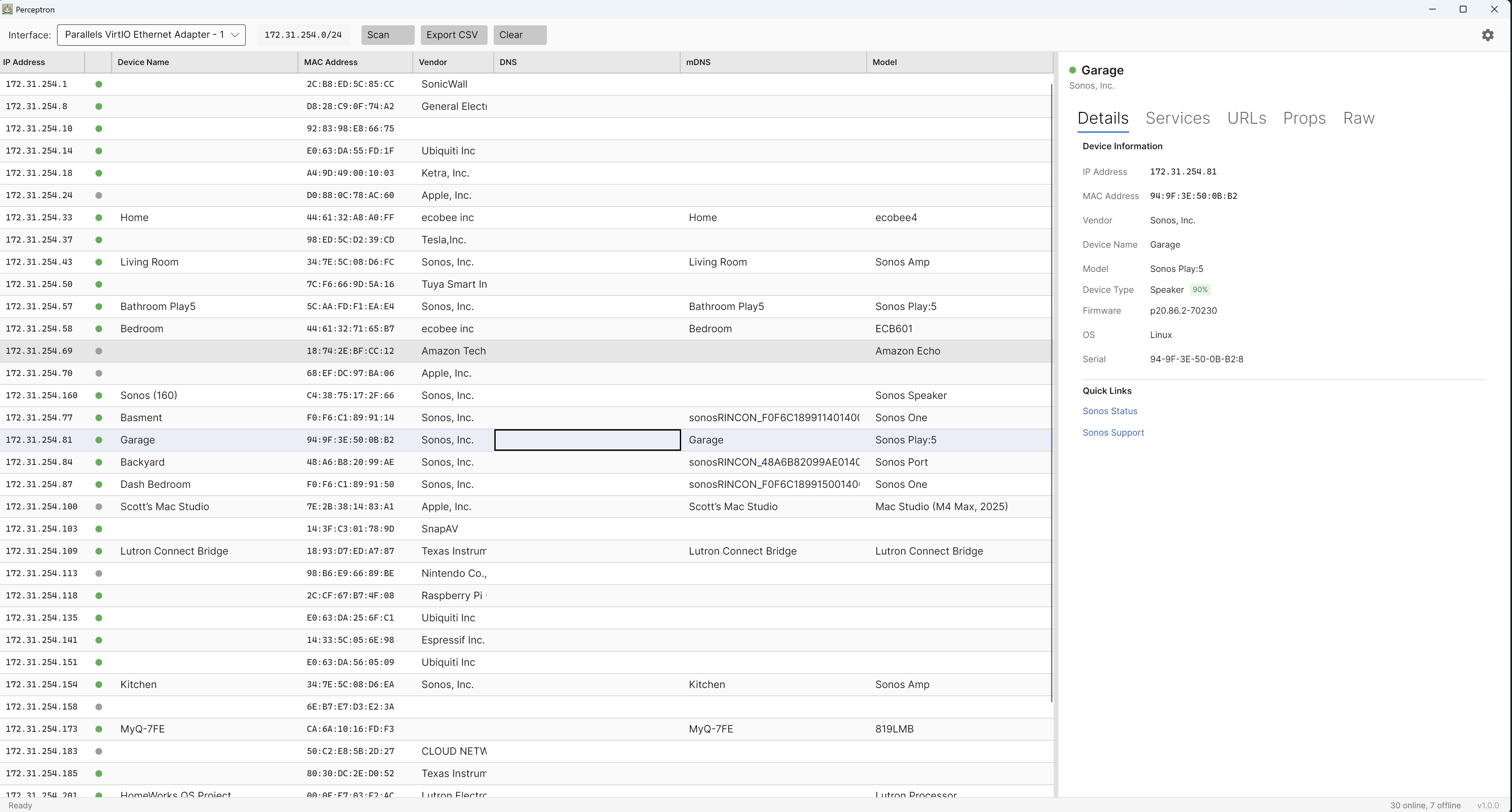 Perceptron showing detailed device information
